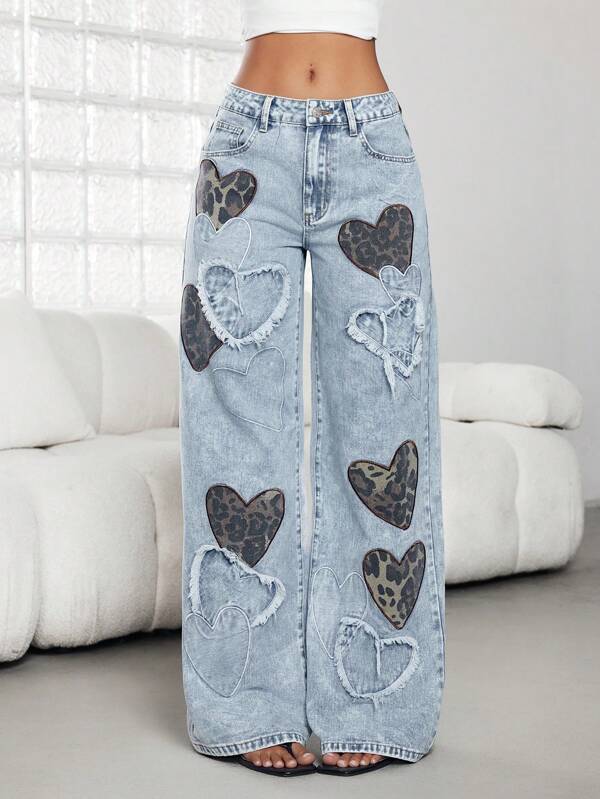 Low-Waist Casual Jeans For Women, New Fashion Niche Heart Embroidery & Print Straight Loose Pants, All Season