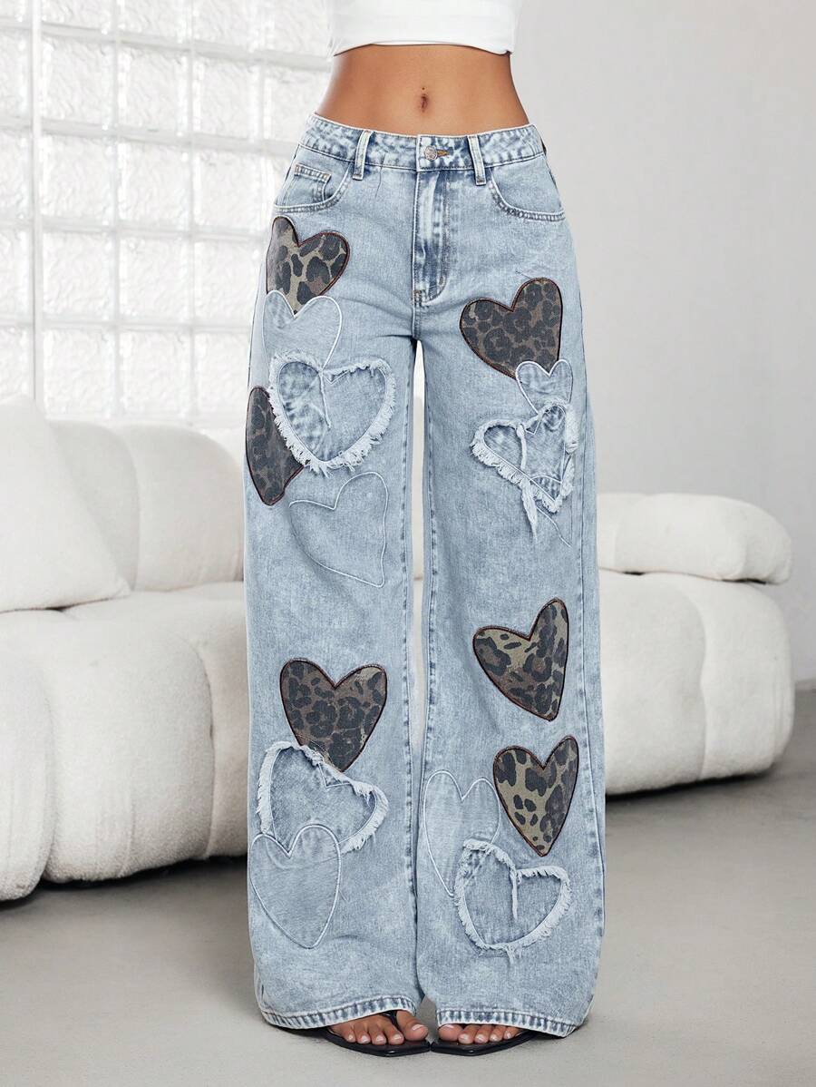 Jeanoix Quần Jeans Ống Đứng Dáng Rộng Thêu Hình Trái Tim Cạp Thấp Cho Nữ, Hàng Mới Về Thời Trang, Phù Hợp Cho Mọi Mùa - Màu xanh lam - Xem 1