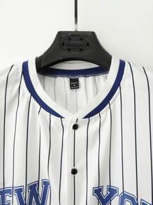 Aesthetic Post--Oversized Men's Striped & Letter Print Baseball Collar Shirt Without T-Shirt - Blue - View 3