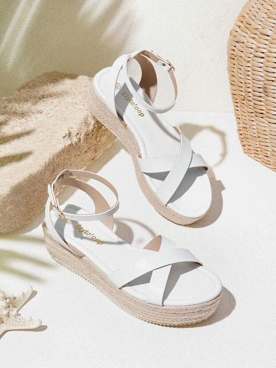 Styleloop Women's Canvas Wedge Lace-Up Sandals, Minimalist & Fashionable - White - View 1