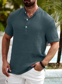 Manfinity Homme Manfinity Nomadique 男士休闲棉麻衬衫夏季恒利领 - 藏蓝色 - 查看 4