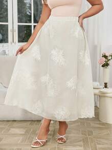 Lacomfia Simple Embroidered Elastic Waist A-Line Plus Size Skirt, Suitable For Spring & Summer Fall Cloth For Women - Beige - View 4