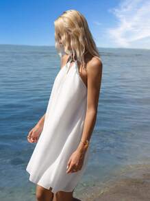 SHEIN ICON Damen weißes Trägerkleid mit offenem Rücken, weite A-Linie Mini-Länge, Lässig Resort Strand