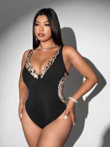 Allurite Plus Size Women Leopard Print Patchwork Casual Bodysuit For Daily & Holiday - Black - View 3