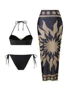 Swim Oasis 3pcs/Set 2025 New Design Women Swimsuit, Printed Bra With Mesh Maxi Dress Beachwear Casual Swimwear Set, Summer
