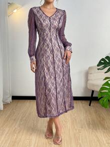 Modelyn فستان مطرز أنيق بالدانتيل الأرجواني للنساء - الأرجواني - مشاهدة 5