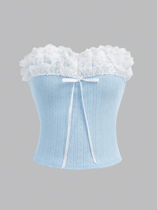 Girlism Top camisol albastru cu dantelă contrastantă pentru adolescente, tricotat, jacquard, decorat cu funde, drăguț, la modă, versatil