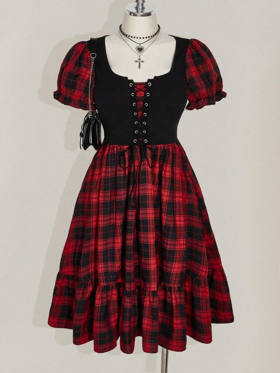 SHEIN ICON Váy kẻ caro Y2K 2 trong 1 tay bồng viền bèo nhún cỡ lớn, phong cách Punk, trang phục tốt nghiệp/trở lại trường, mùa hè, váy corset dành cho nữ - Nhiều màu - Xem 1
