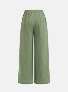 SHEIN Set de 2 pantalones anchos de pierna ancha con textura tejida y moño casual para niñas preadolescentes, estilo vacacional