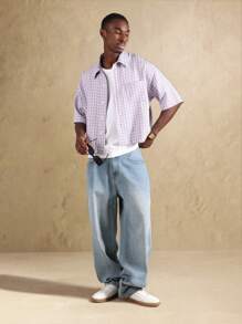 SUMWON Gingham Check Short Sleeve Casual Fashion Hotline Print Button Down Boxy Fit Shirt Spring Summer Streetwear Apparel