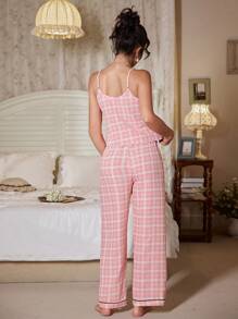 CottageSlumber 女士粉色简约格子印花V领吊带背心和长裤睡衣套装节日季