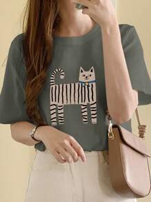 DAZY Camiseta de manga corta con cuello redondo y gráfico de gato para mujer, para primavera/verano, atuendos de maestro - Gris - Ver 4