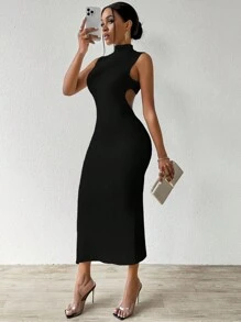 VaVaBold Solid Color Backless Stand Collar Side Slit Bodycon Dress For Summer Maxi Women Outfit - Black - View 5