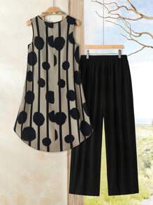 EMERY ROSE 2 件女式加大码全身印花圆领不对称下摆背心和纯色长裤套装，送给妈妈的礼物，暑假，女士度假装，简约时尚，适合日常穿着，度假氛围，春假，春夏休闲装，波西米亚风，2 件夏季服装