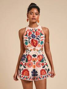 Travachic Woven Print Waist Cutout Off Shoulder Romper For Women,Summer Outfits For Women,Beachwear,Spring And Summer,Easter,Beach Outfits For Woman,Spring Break,Vacation Outfits Women,Concert Outfit Women,BOHO,Bohemia,Music Festival,Tropical Vacation Woman Clothes,Hot Selling Prints,4th Of July Outfits,Holiday Outfits - Khaki - View 5