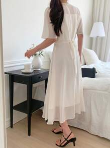 DAZY Vestido largo de mujer de cuello redondo de malla de unicolor y fluido - Beis - Ver 5