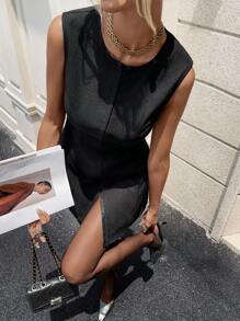 SHEIN Essnce Damen Einfarbiges ärmelloses Mini-Kleid mit Rundhalsausschnitt, Sommer