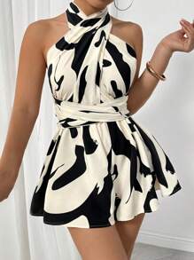 SHEIN PETITE Bộ đồ liền thân thường ngày họa tiết hình học in hình chữ thập buộc chéo cho kỳ nghỉ hè cỡ lớn dành cho nữ - Nhiều màu - Xem 6