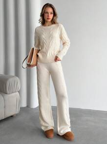 EURMUSE Off-White Cable-Knit Lounge Set – Cozy Ribbed Hem Sweater Matching Slim-Fit Pants, Petite, Autumn Clothes Casual - Cream - View 5