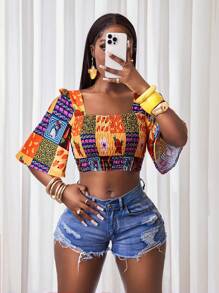 BamGleam 女士松紧腰印花度假衬衫，夏季时尚 - 彩色 - 查看 4