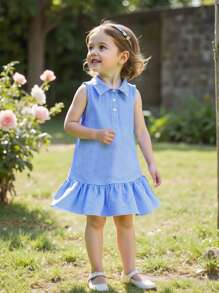 SHEIN Genkimix Kids Young Girls' Sleeveless Striped Shirt Dress With Button Details, Suitable For Casual Occasions - Multicolor - View 4