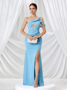 Coutiva Vestido de noche elegante de mujer con cuello asimétrico con cuentas, recorte hueco y abertura alta, vestido formal para fiestas y eventos, apto para invitada de boda - Azul - Ver 10