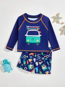 Baby BoyLong Sleeve Rash Guard & Short Swim Trunks Cartoon Printed Swimsuit Set, Sibling Matching Outfits (Sold Separately, 2 Sets) - Multicolor - View 4