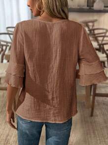 SHEIN LUNE 女式V领休闲棉麻风格短袖衬衫 - 咖啡棕 - 查看 2