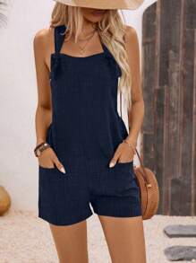 Breezaya 纯色系带前双口袋连体衣，休闲和度假 - 寶藍色 - 查看 4