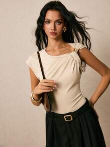 Poéselle Women's Summer Solid Color Ruched Slim Fit Fashion T-Shirt - Apricot - View 5