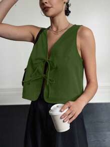 INAWLY Women's Casual Solid Color Tie Front Tank Top, Summer - Olive Green - View 4