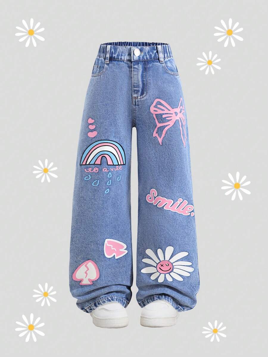 SHEIN ChillGRL 青少年女孩百搭休闲度假时尚街头休闲柔软水洗彩色印花宽松阔腿牛仔裤,夏季 - 中等水洗藍 - 查看 1