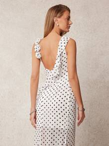 L'Amorae Women's Elegant White With Black Polka Dots Chiffon Maxi Dress,Summer Asymmetric Ruffle Strap 3D Flower Applique Wedding Guest Tea Party Dress - Black and White - View 4