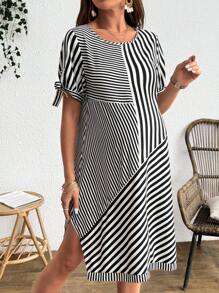 SHEIN Elegant Commuter Casual Retro Vacation Women's Fashion Versatile Striped Pattern Fabric Round Neck Striped Splice Tie Front V-Hem Maternity Dress, Black & White - Black and White - View 5