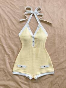 Soleia 女式休闲度假西部海滩婚礼优雅奶油黄色撞色露背吊带连体裤，春夏 - 彩色 - 查看 4