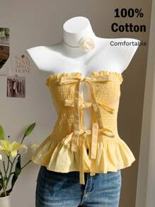 Comfortcana Top bandeau noué devant jaune canari, décontracté pour l'été et les vacances - Jaune citron - Voir 2