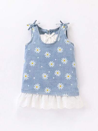 Baby Girls' Light Wash Denim Pinafore Dress With Floral Print Accent, Cute & Sweet Casual Outdoor Versatile Style, Baby Girl Jeans