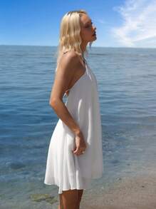 SHEIN ICON Damen weißes Trägerkleid mit offenem Rücken, weite A-Linie Mini-Länge, Lässig Resort Strand