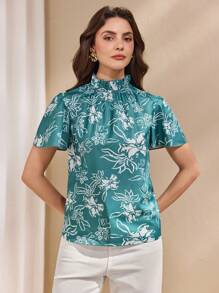 Chiquease Camisa casual de mujer con cuello mao, mangas abullonadas y estampado floral