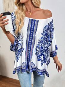 SHEIN LUNE Women Summer Knit Loose Printed Batwing Sleeve Scoop Neck Split Casual T-Shirt - Multicolor - View 6