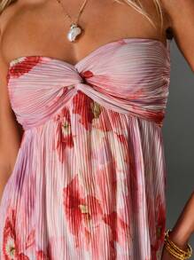 SHEIN Unity 春夏度假浪漫褶饰花卉印花扭结露肩迷你连衣裙 - 彩色 - 查看 7