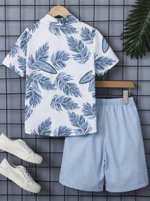 SHEIN Tween Boy Tropical Print Shirt & Shorts Without Tee - Blue and White - View 2