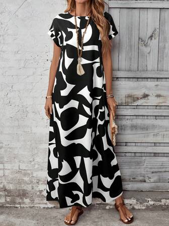 EMERY ROSE Women's Full Print Long Vacation Casual Dress,Bohemian Clothes