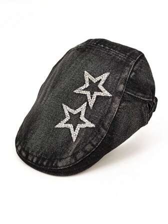 Grunge Punk Grey-Black Vintage Washed Shiny Starry Beret Hat, Summer Fashion Versatile Artist Hat Suitable For Party, Shopping, Photo-Taking