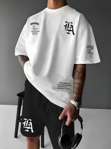 Manfinity Roghcode Men's Letter Print Round Neck Short Sleeve T-Shirt And Matching Shorts 2-Piece Set, Cozy Outfits