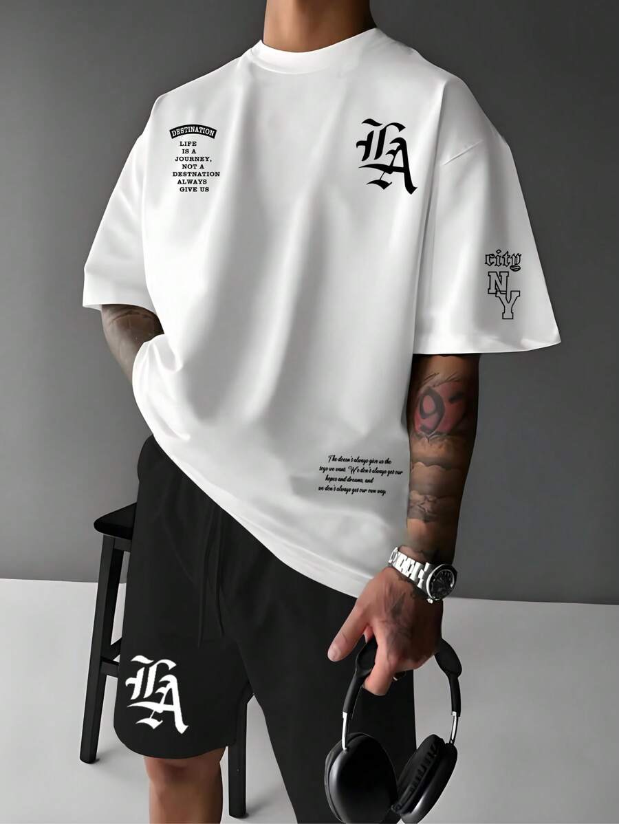 Manfinity Roghcode Men's Letter Print Round Neck Short Sleeve T-Shirt And Matching Shorts 2-Piece Set, Cozy Outfits