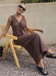 Livesso Bộ 2 chiếc áo yếm và váy vải lanh thường ngày cho nữ, Xuân/Hè - màu nâu - Xem 2