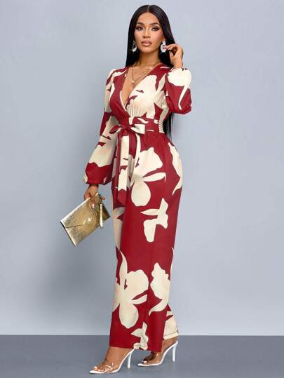 SOLERSUN Floral Print Lantern Sleeve Elegant Wide Leg Jumpsuit (Assorted Floral) For New Year Clothes