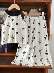 2pcs Set Young Girl Woven Striped Bow Decor Round Neck Tank Top & Loose Casual Wide Leg Pants - Black and White - View 1