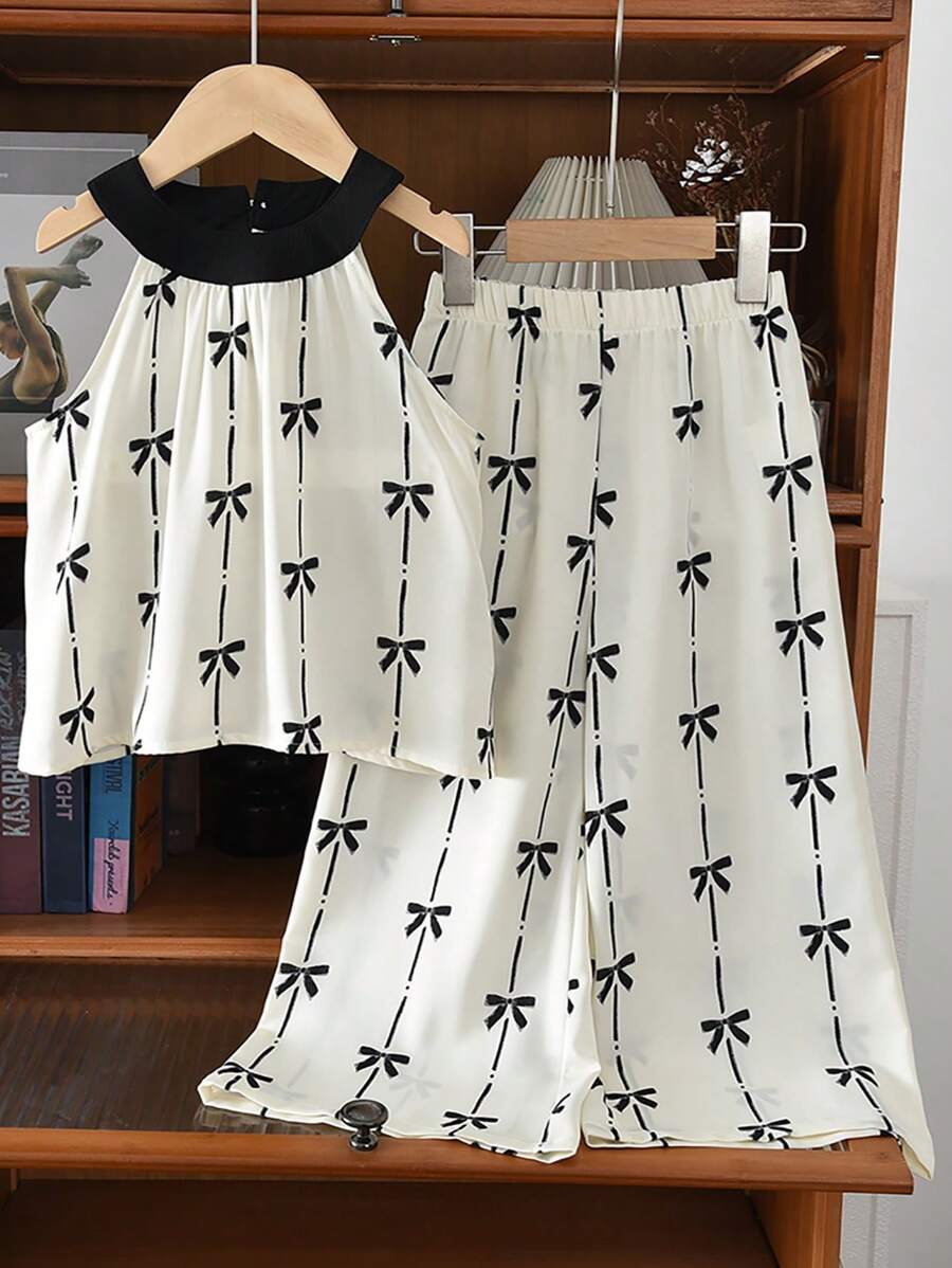 2pcs Set Young Girl Woven Striped Bow Decor Round Neck Tank Top & Loose Casual Wide Leg Pants - Black and White - View 1